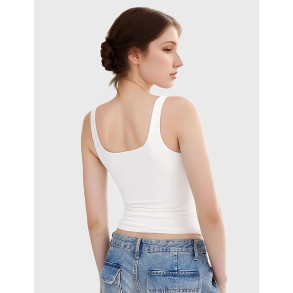 Alljoin Women White Double Lined Square Neck Sleeveless Tank Top For Workout Gym - Picture 3 of 7